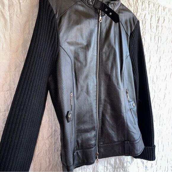 Maurice Sassoon,black cotton/leather zip sweater, size large - Picture 2 of 15